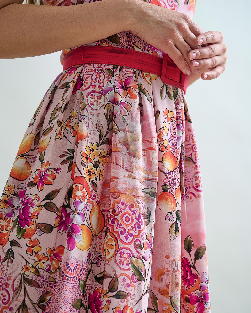 LONG POET SILK DRESS WITH WAIST AND STRAPS: CAPRI PRINT: PINK