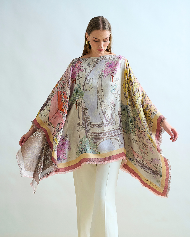 SILK AND WOOL PRINTED JACQUARD SCARF: PARIS: PINK AND YELLOW