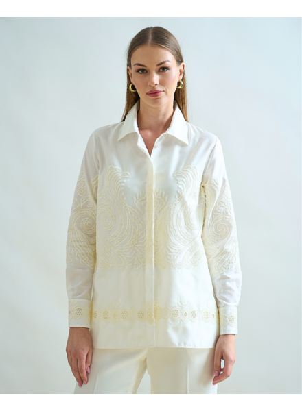 COLLARED COTTON SHIRT: WHITE WITH IVORY EMBROIDERIES