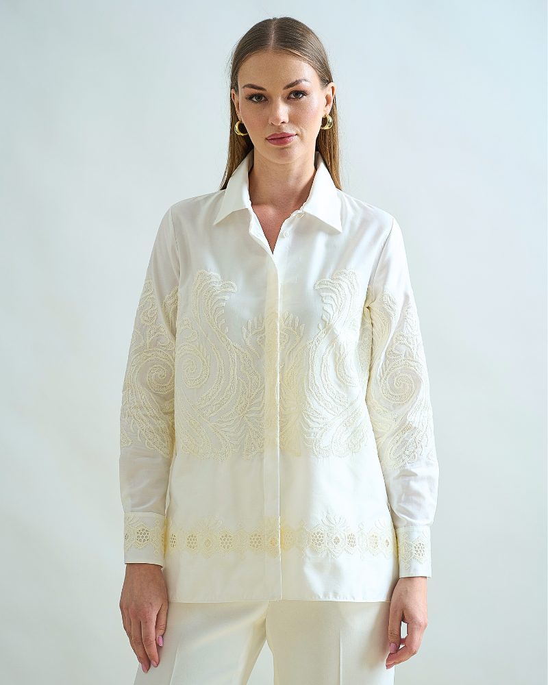 COLLARED COTTON SHIRT: WHITE WITH IVORY EMBROIDERIES