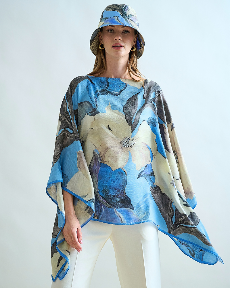 CASHMERE PRINTED PONCHO: BERGAMO: BLUE