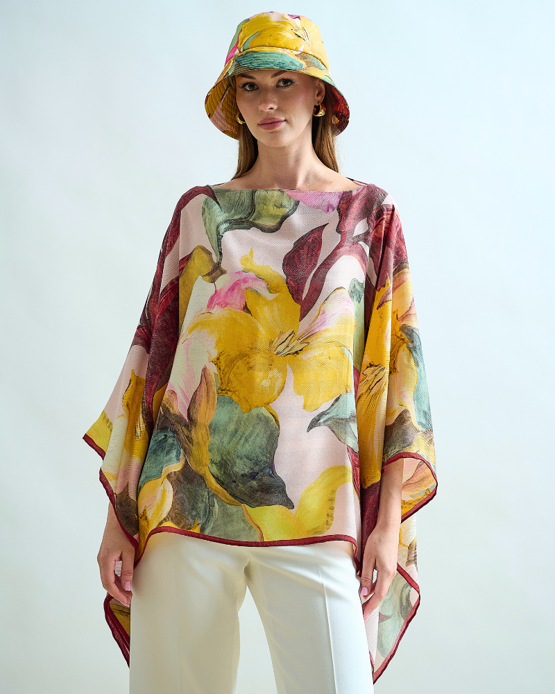 CASHMERE PRINTED PONCHO: BERGAMO: PINK