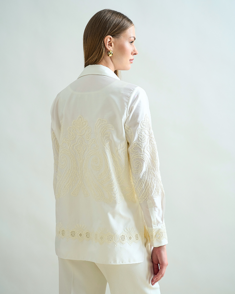 COLLARED COTTON SHIRT: WHITE WITH IVORY EMBROIDERIES