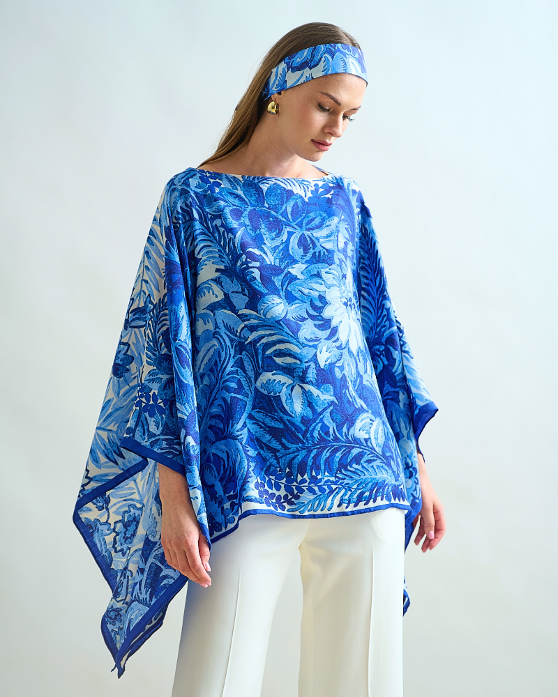CASHMERE PRINTED PONCHO: CORSICA: BLUE