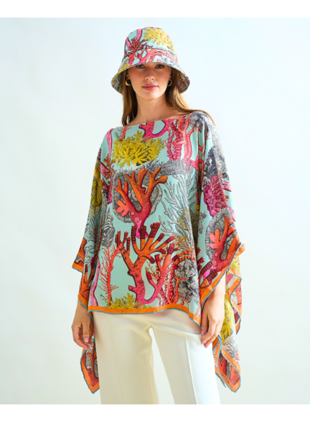 CASHMERE PRINTED  PONCHO: CORAL: TURQUOISE