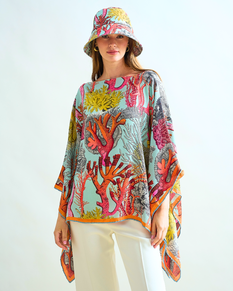 CASHMERE PRINTED  PONCHO: CORAL: TURQUOISE