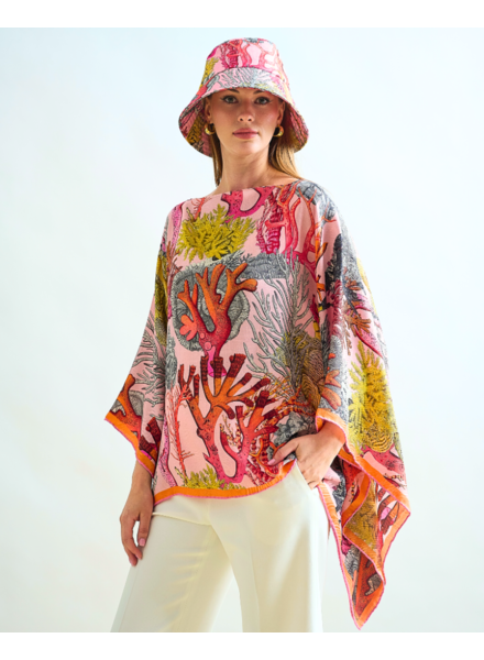 CASHMERE PRINTED PONCHO: CORAL: PINK