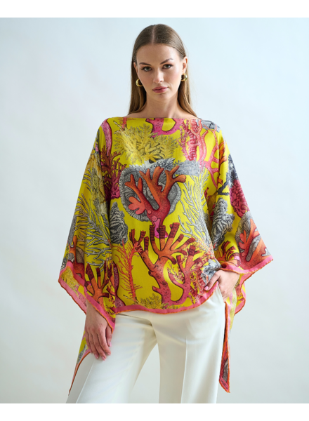 CASHMERE PRINTED PONCHO: CORAL: YELLOW