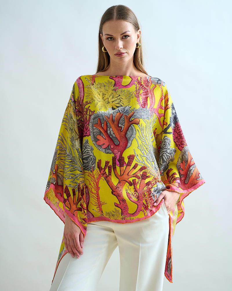 CASHMERE PRINTED  PONCHO: CORAL: YELLOW