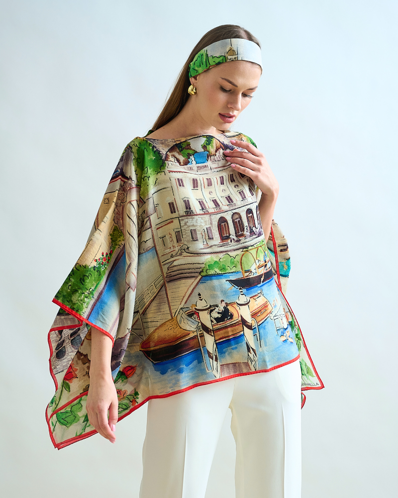 CASHMERE PRINTED PONCHO LAKE COMO: MULTI