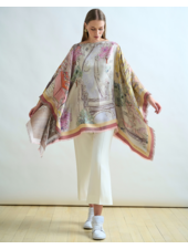 SILK AND WOOL PRINTED JACQUARD PONCHO: PARIS: PINK AND YELLOW