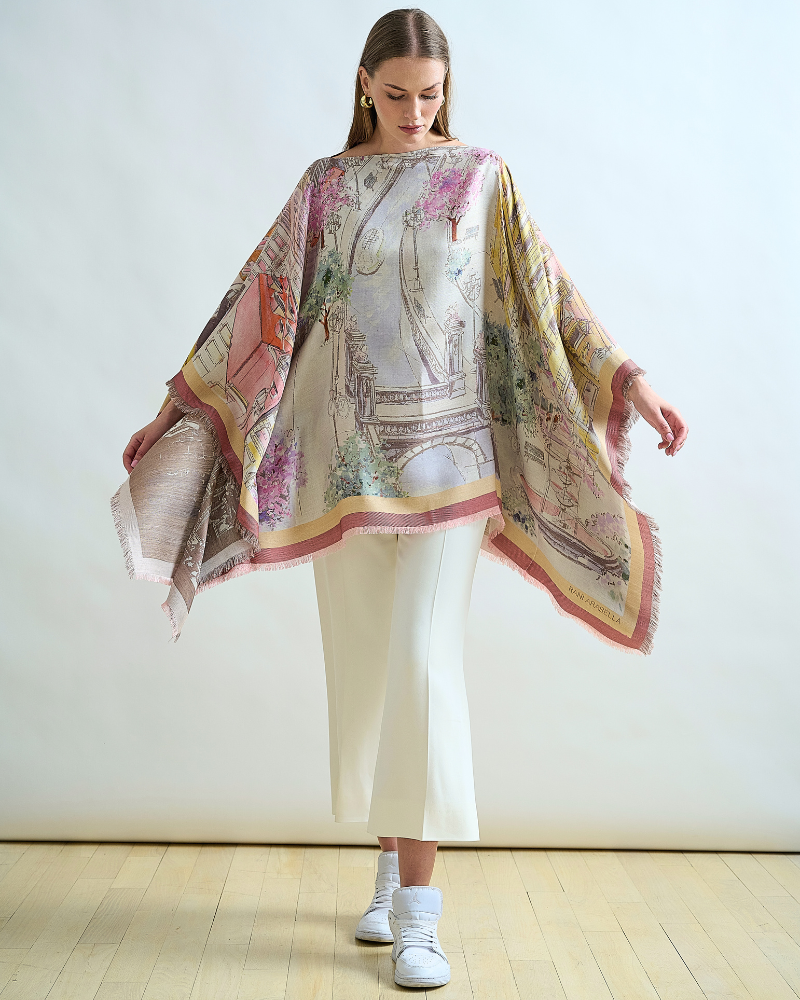 SILK AND WOOL PRINTED JACQUARD PONCHO: PARIS: PINK AND YELLOW