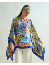 CASHMERE PRINTED PONCHO: CAPRI: BLUE