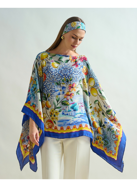 CASHMERE PRINTED PONCHO: CAPRI: BLUE