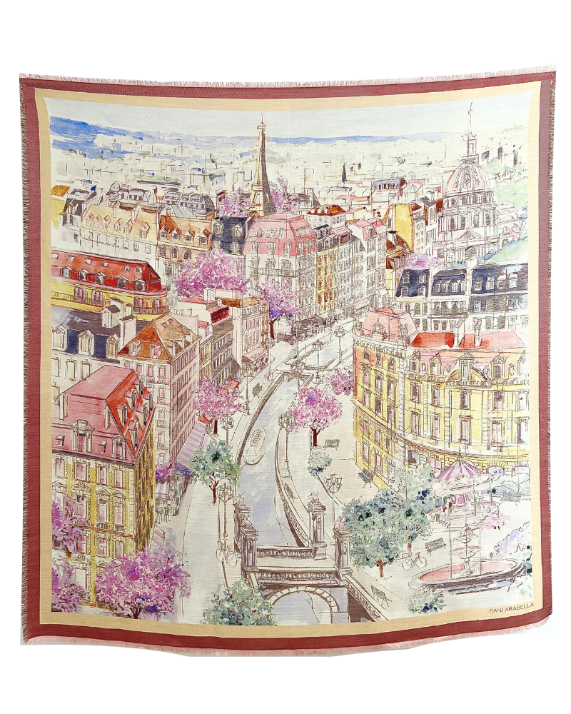 SILK AND WOOL PRINTED JACQUARD PONCHO: PARIS: PINK AND YELLOW