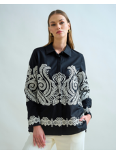 COLLARED COTTON SHIRT: BLACK WITH WHITE EMBROIDERIES