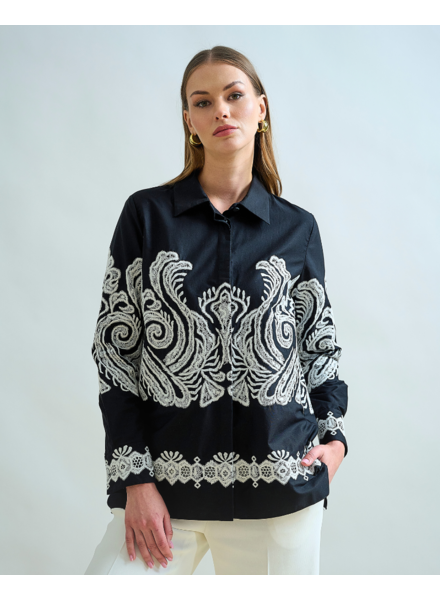 COLLARED COTTON SHIRT: BLACK WITH WHITE EMBROIDERIES