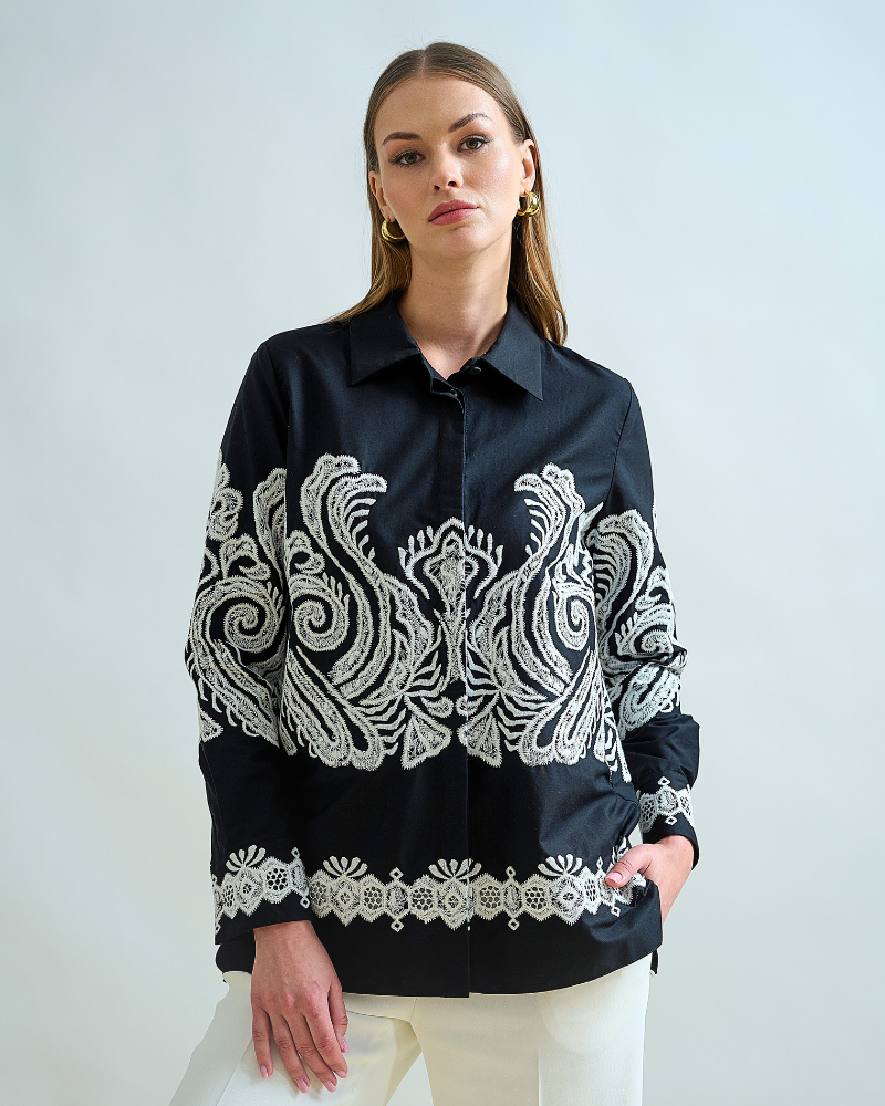 COLLARED COTTON SHIRT: BLACK WITH WHITE EMBROIDERIES