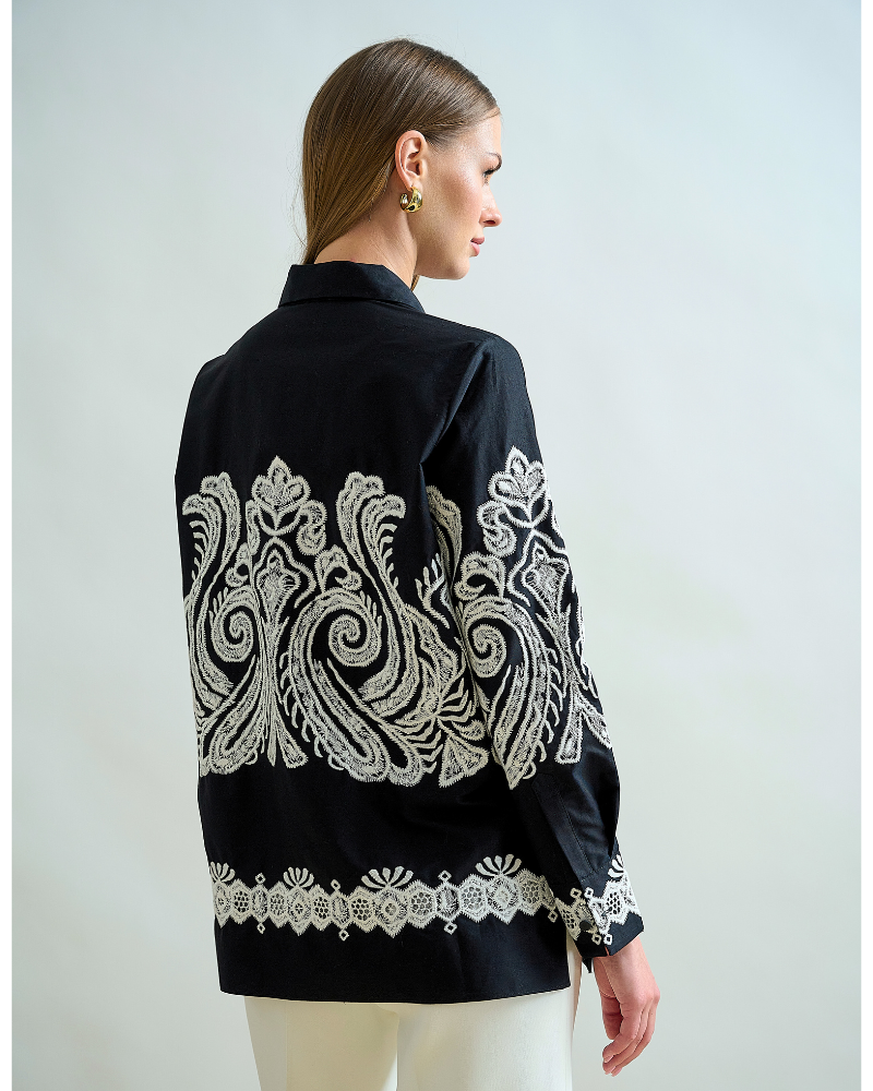 COLLARED COTTON SHIRT: BLACK WITH WHITE EMBROIDERIES