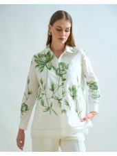 COLLARED COTTON EMBROIDERED SHIRT: IVORY WITH GREEN FLOWERS
