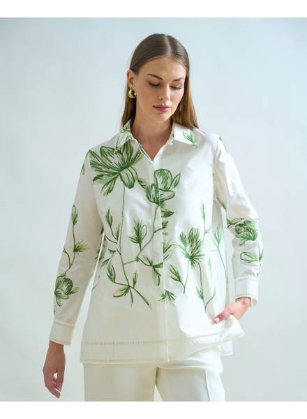 COLLARED COTTON EMBROIDERED SHIRT: IVORY WITH GREEN FLOWERS