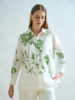 COLLARED COTTON EMBROIDERED SHIRT: IVORY WITH GREEN FLOWERS