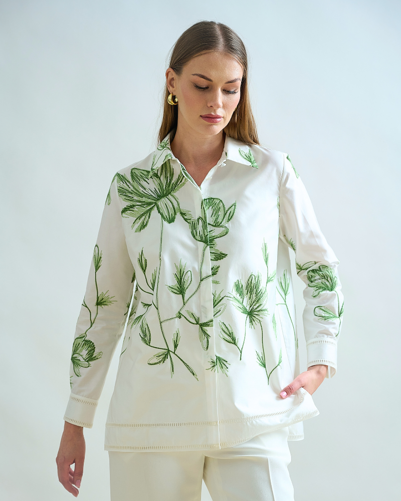 COLLARED COTTON EMBROIDERED SHIRT: IVORY WITH GREEN FLOWERS