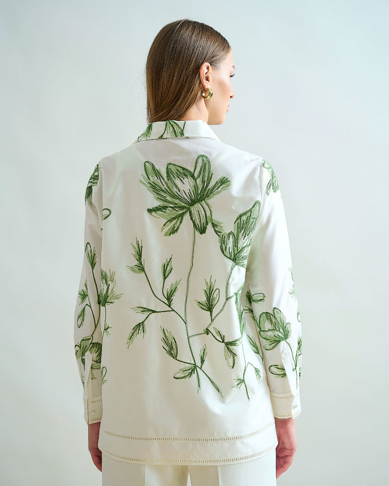 COLLARED COTTON EMBROIDERED SHIRT: IVORY WITH GREEN FLOWERS