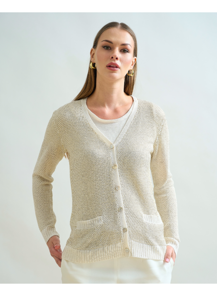 V NECK CARDIGAN: GOLD AND IVORY