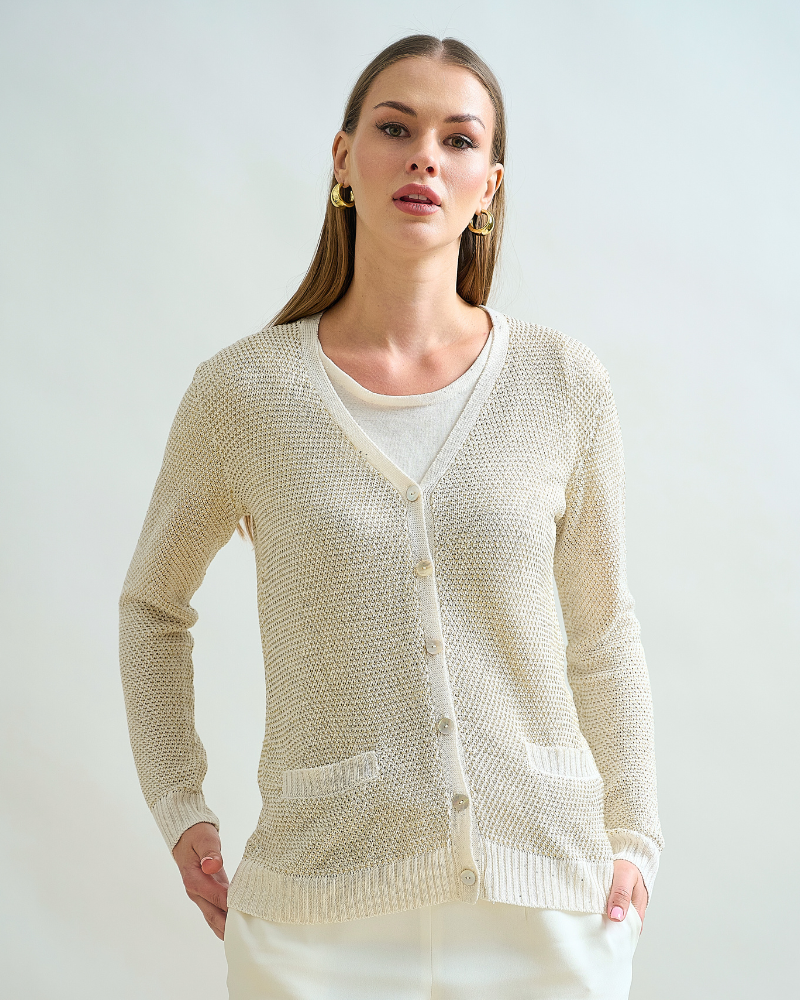 V NECK CARDIGAN: GOLD AND IVORYIN LUXOR BLEND