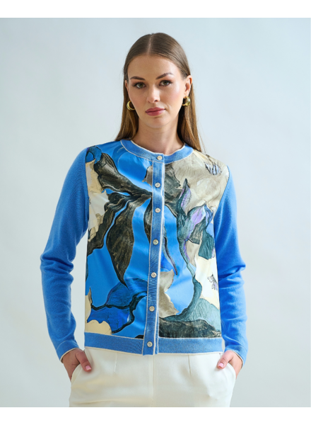 CASHMERE KNITTED CARDIGAN WITH BERGAMO PRINT: BLUE