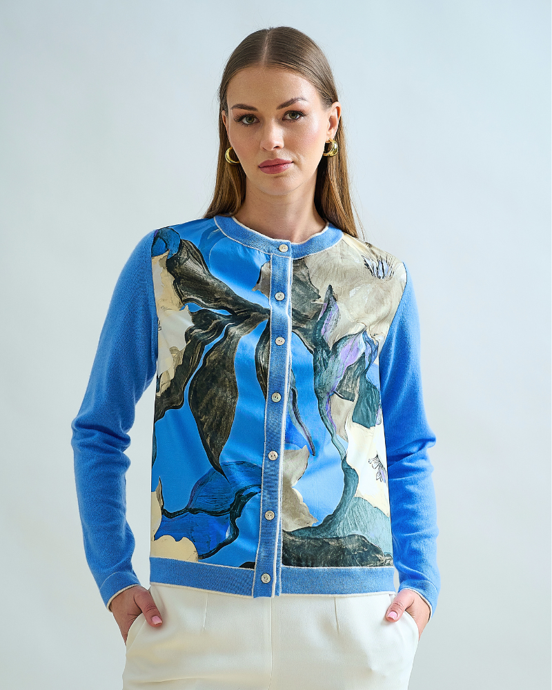 CASHMERE KNITTED CARDIGAN W/ COTTON BERGAMO PRINT: BLUE