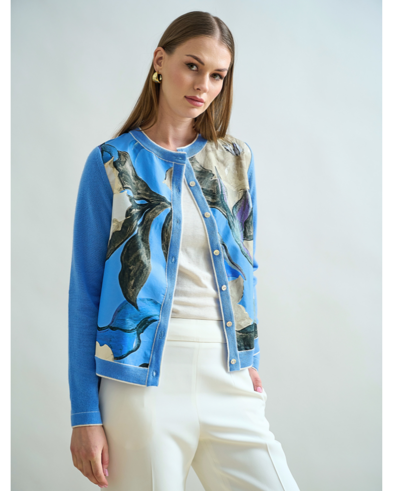 CASHMERE KNITTED CARDIGAN W/ COTTON BERGAMO PRINT: BLUE