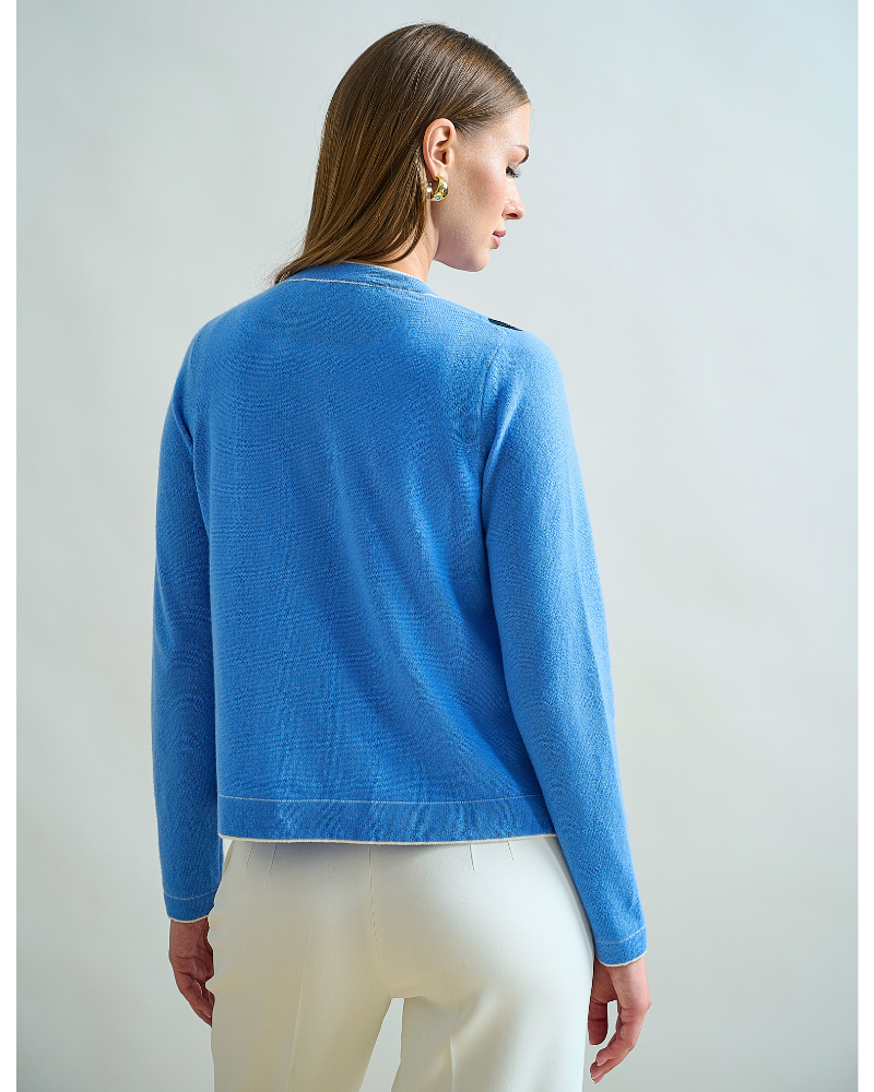 CASHMERE KNITTED CARDIGAN W/ COTTON BERGAMO PRINT: BLUE