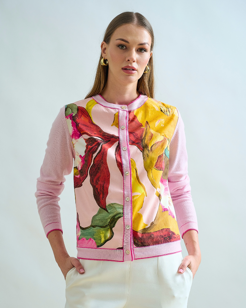 CASHMERE KNITTED CARDIGAN W/ COTTON BERGAMO PRINT: PINK