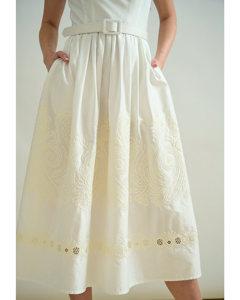 LONG COTTON WHITE STRAPS DRESS WITH IVORY EMBROIDERY