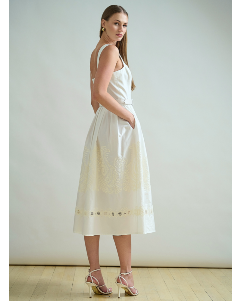 LONG COTTON WHITE STRAPS DRESS WITH IVORY EMBROIDERY