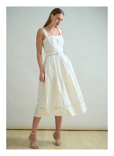 LONG STRAPS DRESS: WHITE WITH IVORY EMBROIDERY