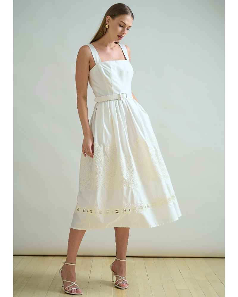 LONG COTTON WHITE STRAPS DRESS WITH IVORY EMBROIDERY