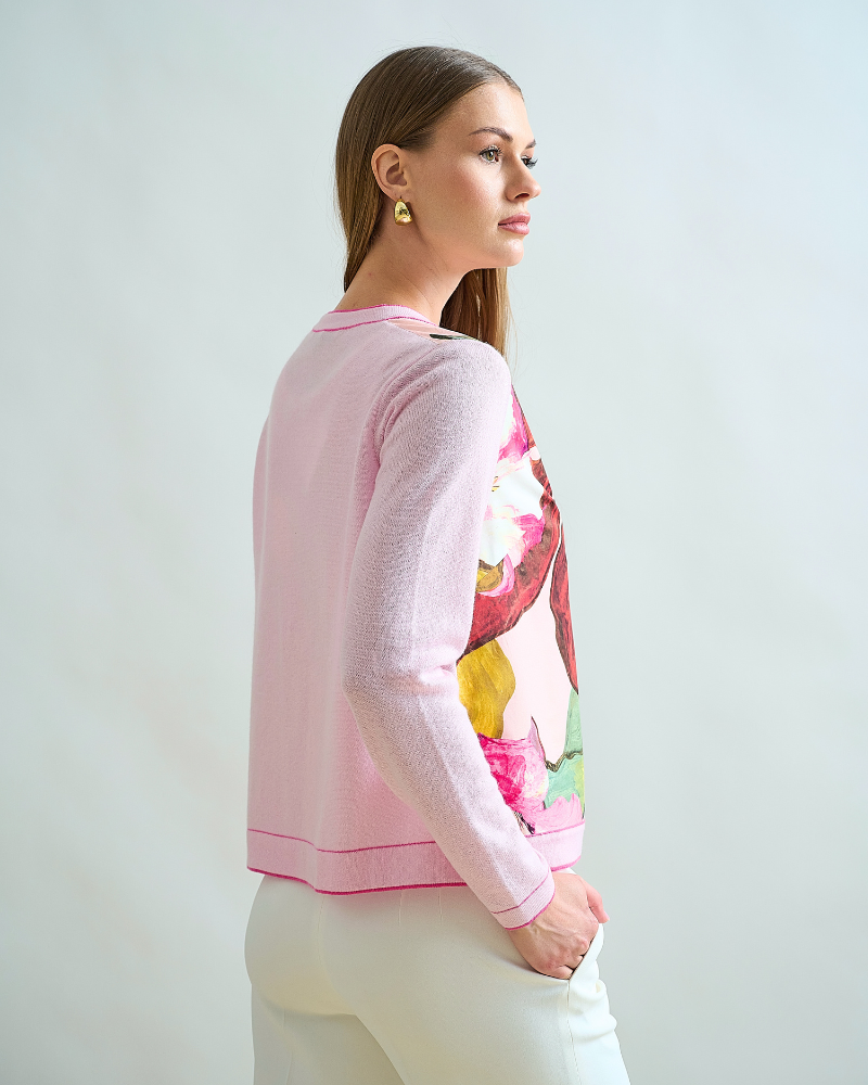CASHMERE KNITTED CARDIGAN W/ COTTON BERGAMO PRINT: PINK