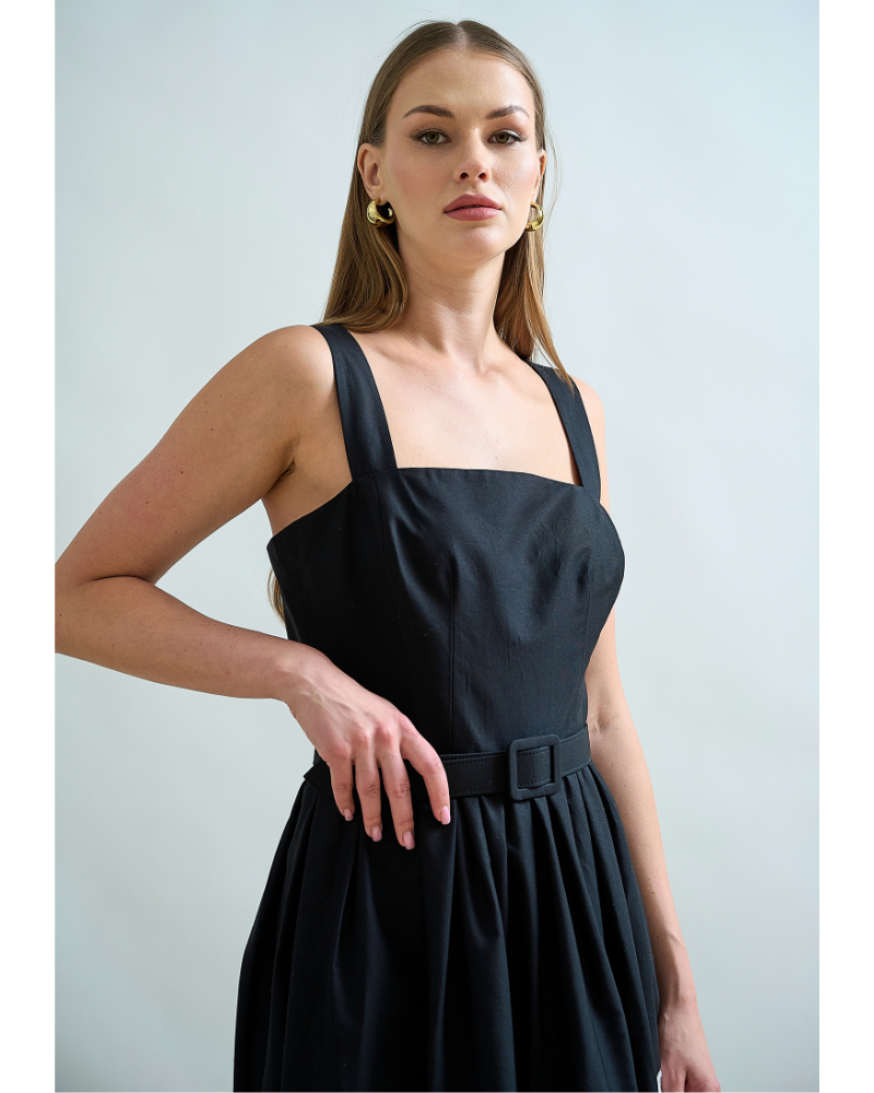LONG COTTON BLACK STRAPS DRESS WITH WHITE EMBROIDERY