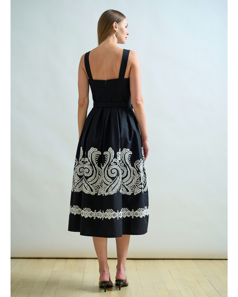 LONG COTTON BLACK STRAPS DRESS WITH WHITE EMBROIDERY