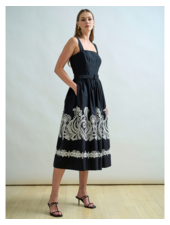 LONG COTTON STRAPS DRESS: BLACK WITH WHITE EMBROIDERY
