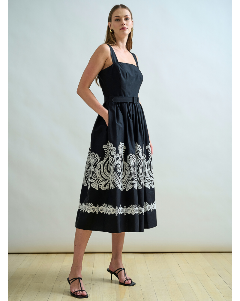 LONG COTTON BLACK STRAPS DRESS WITH WHITE EMBROIDERY