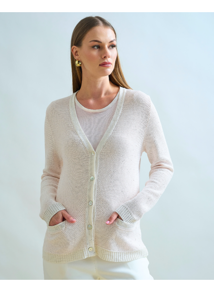 V NECK CARDIGAN: PINK AND WHITE