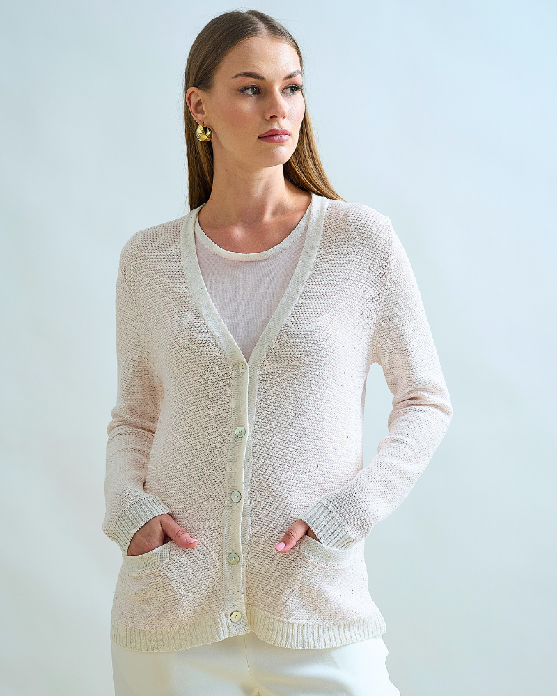 SILK AND COTTON V NECK CARDIGAN: IVORY - Copy