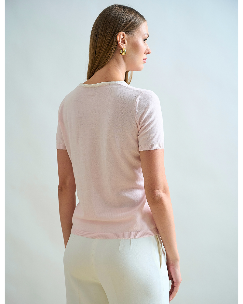 SILK AND COTTON CREWNECK TANK TOP: WHITE AND PINK WITH SEQUINS