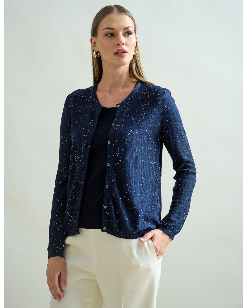 SILK AND COTTON CREWNECK CARDIGAN: NAVY WITH SEQUINS