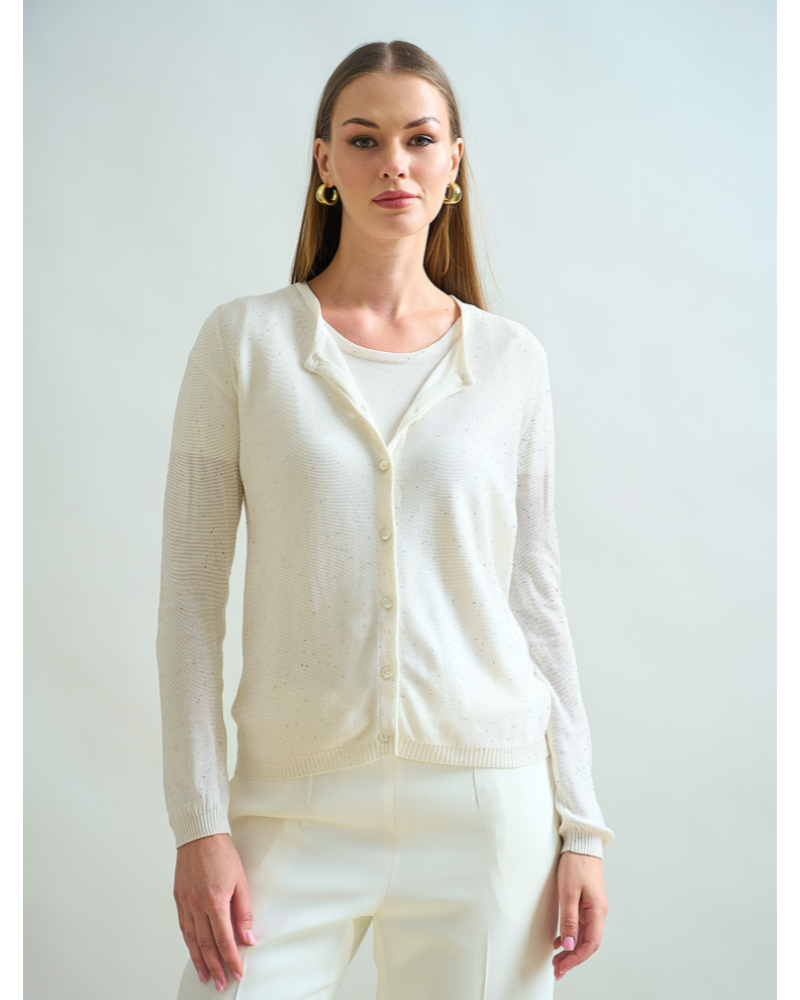 SILK AND COTTON CREWNECK CARDIGAN: WHITE WITH SEQUINS
