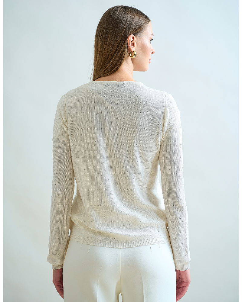 SILK AND COTTON CREWNECK CARDIGAN: WHITE WITH SEQUINS
